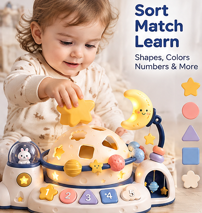 Educational Space Exploration Activity Cube for Toddlers - Montessori Shape Sorter, Number Learning, & Sensory Development Toy - Perfect Baby Birthday Gift (Ages 18M+)