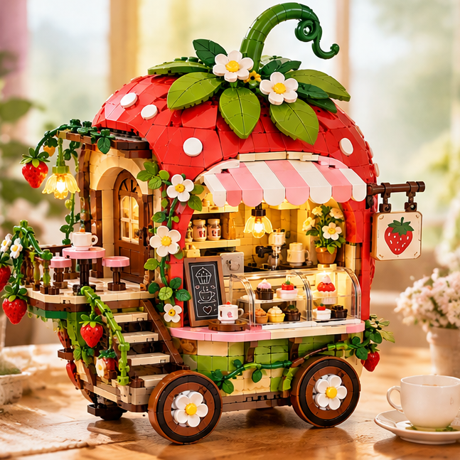 Strawberry House Building Blocks Set – LED Light-Up Cute Bakery & Cafe Model with Mini Figures, Creative Brick Toy Construction Kit for Kids, Teens, and Adults