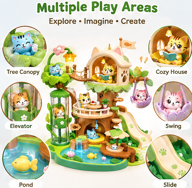 Toddler Cat Tree House Activity Center – Meow Castle Playset with Slide, Working Elevator, Swing, Lights, and Cute Kitten Figurines, Sensory Learning Toy for Boys and Girls Ages 18 Months and Up