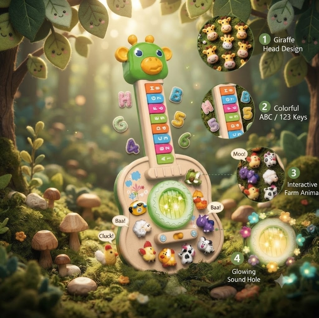 Baby Animal Sounds Guitar & Piano Toy | Light-Up Musical Sensory Toy for Toddlers & Christmas Gift