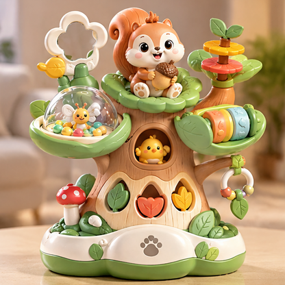 Interactive Wooden-Style Tree Stump Learning Toy for Toddlers – 18+ Months Montessori Shape Sorter & Sensory Activity Center with Cute Squirrel and Bee Dome