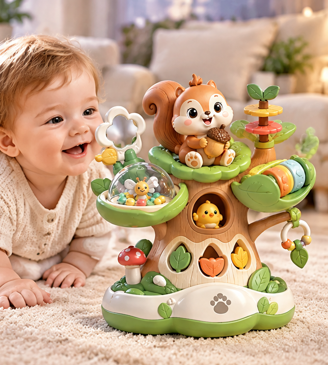 Interactive Wooden-Style Tree Stump Learning Toy for Toddlers – 18+ Months Montessori Shape Sorter & Sensory Activity Center with Cute Squirrel and Bee Dome