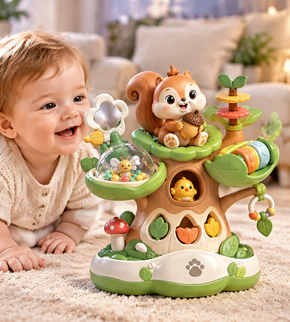 Interactive Wooden-Style Tree Stump Learning Toy for Toddlers – 18+ Months Montessori Shape Sorter & Sensory Activity Center with Cute Squirrel and Bee Dome
