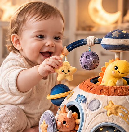 Plush Dinosaur Space Ship Activity Toy for Babies and Toddlers – Soft Stuffed Space Station with Detachable Dinosaurs and Hanging Celestial Mobiles for Early Sensory Development