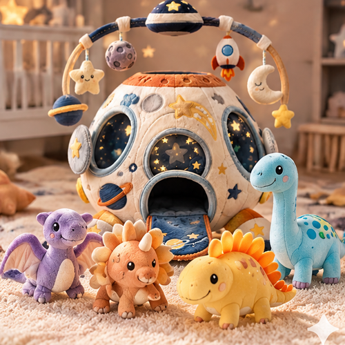 Plush Dinosaur Space Ship Activity Toy for Babies and Toddlers – Soft Stuffed Space Station with Detachable Dinosaurs and Hanging Celestial Mobiles for Early Sensory Development