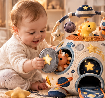 Plush Dinosaur Space Ship Activity Toy for Babies and Toddlers – Soft Stuffed Space Station with Detachable Dinosaurs and Hanging Celestial Mobiles for Early Sensory Development