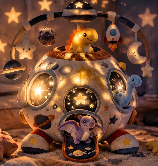 Plush Dinosaur Space Ship Activity Toy for Babies and Toddlers – Soft Stuffed Space Station with Detachable Dinosaurs and Hanging Celestial Mobiles for Early Sensory Development