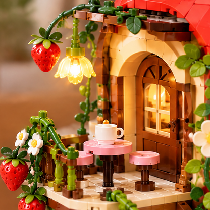 Strawberry House Building Blocks Set – LED Light-Up Cute Bakery & Cafe Model with Mini Figures, Creative Brick Toy Construction Kit for Kids, Teens, and Adults