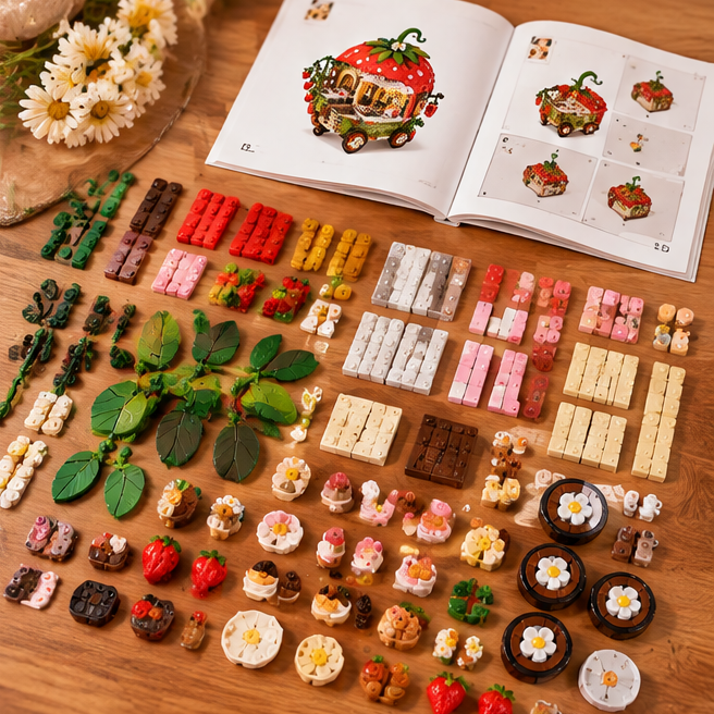 Strawberry House Building Blocks Set – LED Light-Up Cute Bakery & Cafe Model with Mini Figures, Creative Brick Toy Construction Kit for Kids, Teens, and Adults