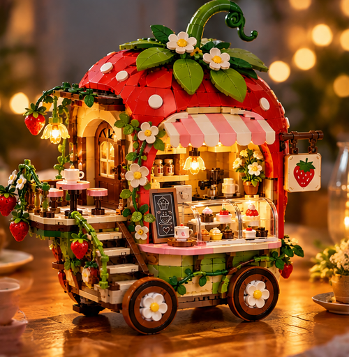 Strawberry House Building Blocks Set – LED Light-Up Cute Bakery & Cafe Model with Mini Figures, Creative Brick Toy Construction Kit for Kids, Teens, and Adults