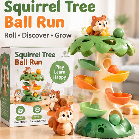 Toddler Ball Drop Tower Toy – Forest Tree Swamp Ramp Swirl Activity Center with Colorful Rolling Balls, Squirrel Topper, and Fine Motor Skills Montessori Learning Playset for Babies and Toddlers