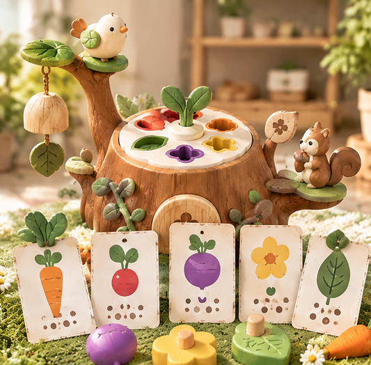 Toddler Forest Tree Stump Shape Sorter & Harvest Game Toy – Montessori Matching Cards, Carrot Pulling, & Sensory Fine Motor Skills Learning Playset for Boys and Girls Ages 18 Months and Up