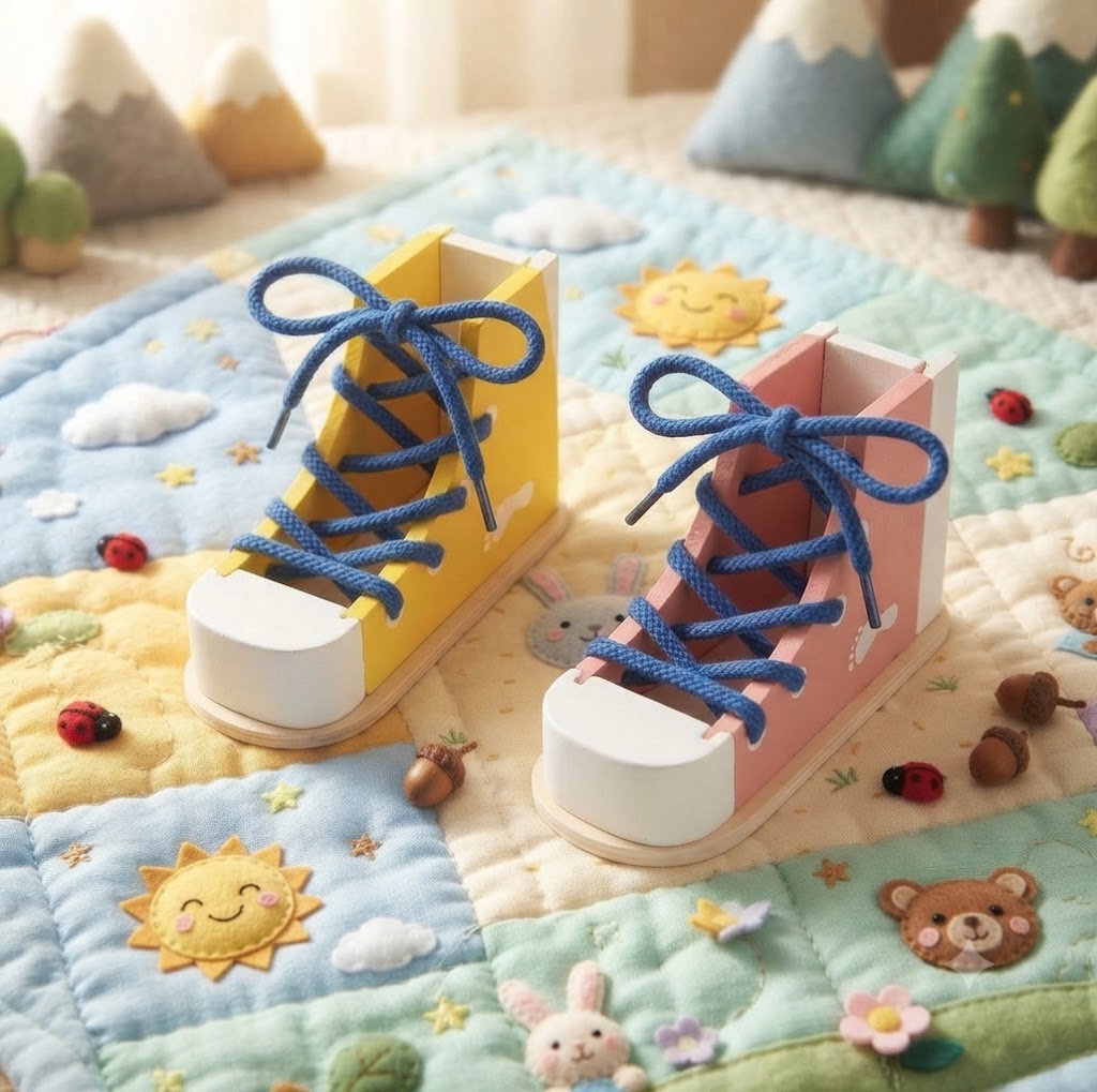 Wooden Shoe Lacing & Tying Practice Toy | Early Educational Life Skills Gift for Kids