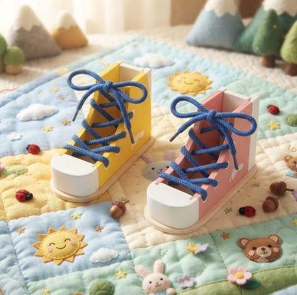 Wooden Shoe Lacing & Tying Practice Toy | Early Educational Life Skills Gift for Kids