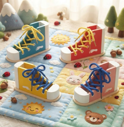 Wooden Shoe Lacing & Tying Practice Toy | Early Educational Life Skills Gift for Kids